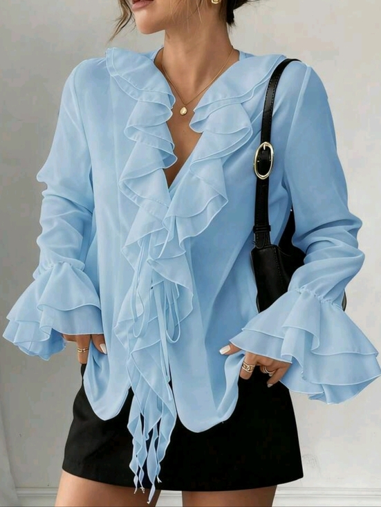 Tops - Light Blue Ruffle V-Neck Women's Blouse